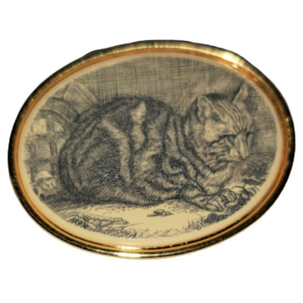 Faux Scrimshaw Brooch Tabby Vintage Cat Mouse Gold Pin MFA Bar Clasp RARE